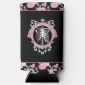 ゴシック様式の愛 |ピンクと黒のスケルトンハートフローラ スリム缶クーラー (正面)