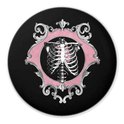 ゴシック様式の愛 |ピンクと黒のスケルトンハートフローラ セラミックノブ (正面)