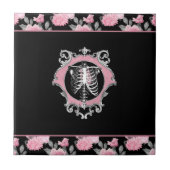 ゴシック様式の愛 |ピンクと黒のスケルトンハートフローラ タイル (正面)