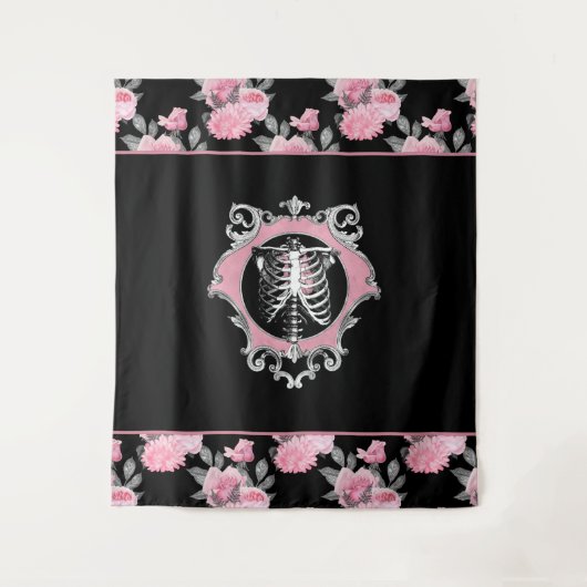 ゴシック様式の愛 |ピンクと黒のスケルトンハートフローラ タペストリー (正面)