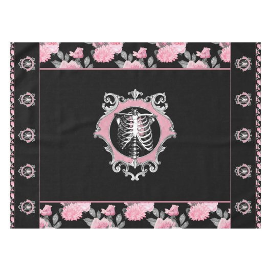 ゴシック様式の愛 |ピンクと黒のスケルトンハートフローラ テーブルクロス (正面(横))