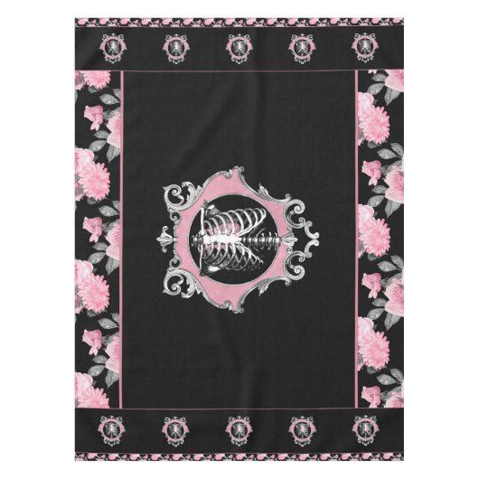 ゴシック様式の愛 |ピンクと黒のスケルトンハートフローラ テーブルクロス (正面)