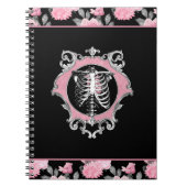 ゴシック様式の愛 |ピンクと黒のスケルトンハートフローラ ノートブック (正面)