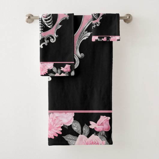 ゴシック様式の愛 |ピンクと黒のスケルトンハートフローラ バスタオルセット (インサイチュ)