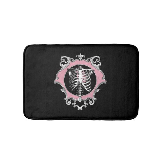 ゴシック様式の愛 |ピンクと黒のスケルトンハートフローラ バスマット (正面)