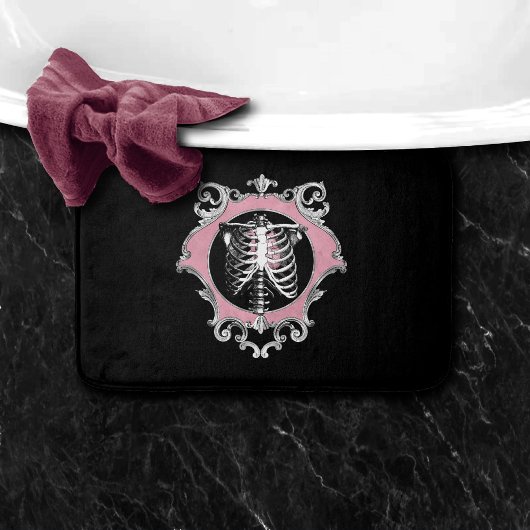 ゴシック様式の愛 |ピンクと黒のスケルトンハートフローラ バスマット