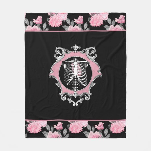 ゴシック様式の愛 |ピンクと黒のスケルトンハートフローラ フリースブランケット (正面)