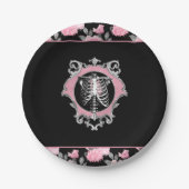 ゴシック様式の愛 |ピンクと黒のスケルトンハートフローラ ペーパープレート (正面)