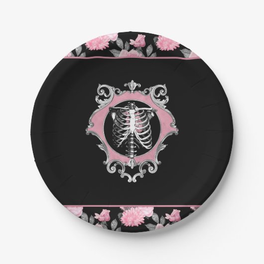 ゴシック様式の愛 |ピンクと黒のスケルトンハートフローラ ペーパープレート (正面)