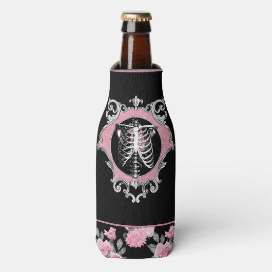 ゴシック様式の愛 |ピンクと黒のスケルトンハートフローラ ボトルクーラー (ボトル正面)