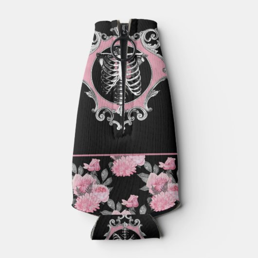 ゴシック様式の愛 |ピンクと黒のスケルトンハートフローラ ボトルクーラー (裏面)