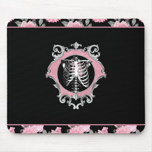 ゴシック様式の愛 |ピンクと黒のスケルトンハートフローラ マウスパッド (正面)