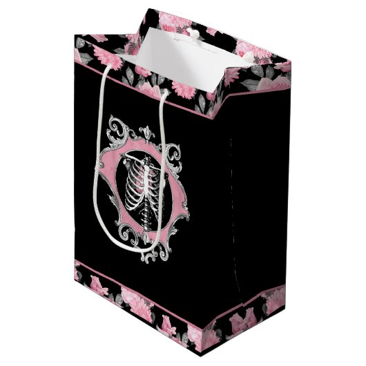 ゴシック様式の愛 |ピンクと黒のスケルトンハートフローラ ミディアムペーパーバッグ (正面アングル)