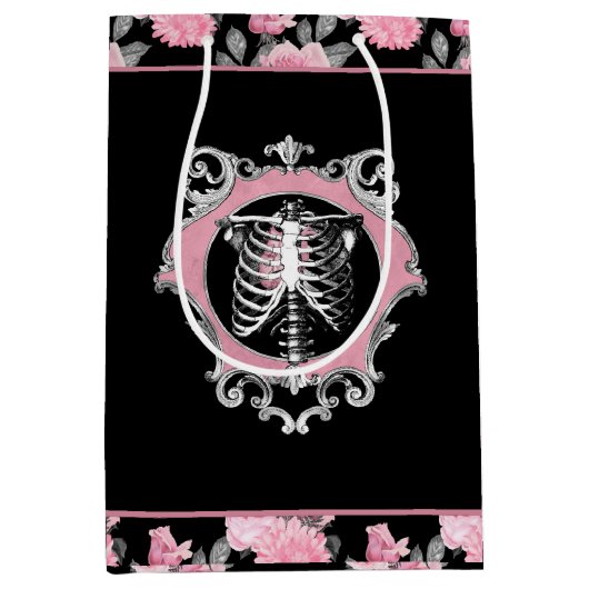 ゴシック様式の愛 |ピンクと黒のスケルトンハートフローラ ミディアムペーパーバッグ (正面)