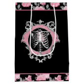 ゴシック様式の愛 |ピンクと黒のスケルトンハートフローラ ミディアムペーパーバッグ (裏面)