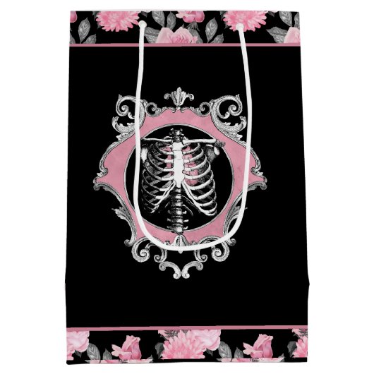 ゴシック様式の愛 |ピンクと黒のスケルトンハートフローラ ミディアムペーパーバッグ (裏面)