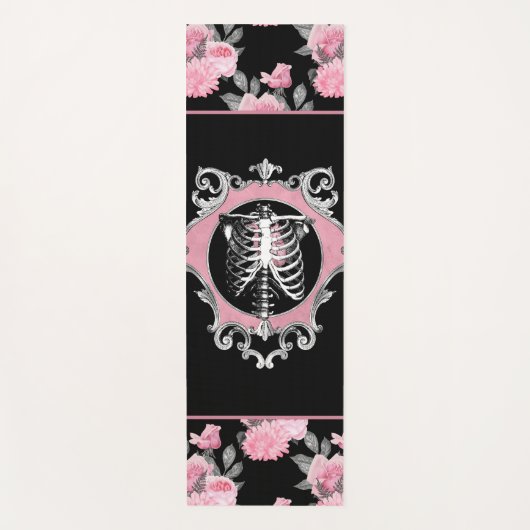ゴシック様式の愛 |ピンクと黒のスケルトンハートフローラ ヨガマット (正面)