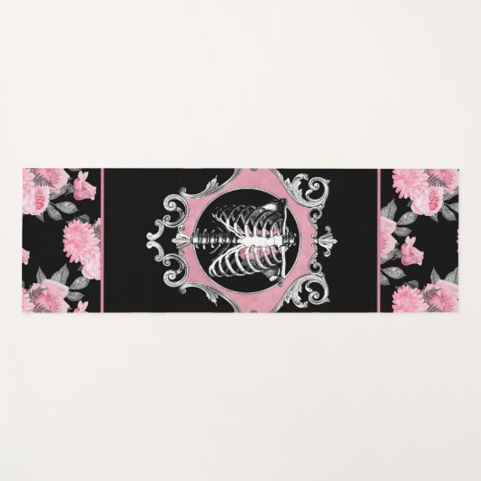 ゴシック様式の愛 |ピンクと黒のスケルトンハートフローラ ヨガマット (正面(横))