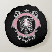 ゴシック様式の愛 |ピンクと黒のスケルトンハートフローラ ラウンドクッション (裏面)