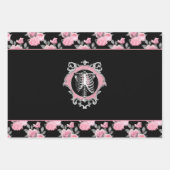 ゴシック様式の愛 |ピンクと黒のスケルトンハートフローラ ラッピングペーパーシート (正面)