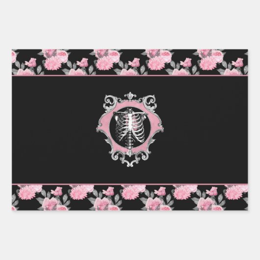 ゴシック様式の愛 |ピンクと黒のスケルトンハートフローラ ラッピングペーパーシート (正面)