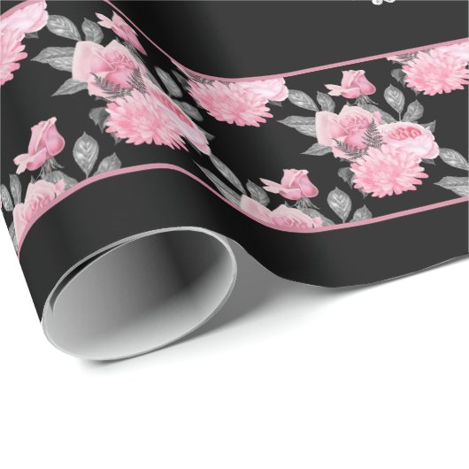 ゴシック様式の愛 |ピンクと黒のスケルトンハートフローラ ラッピングペーパー (ロールコーナー)