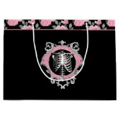 ゴシック様式の愛 |ピンクと黒のスケルトンハートフローラ ラージペーパーバッグ (正面)