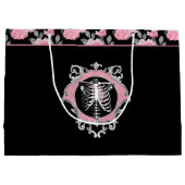 ゴシック様式の愛 |ピンクと黒のスケルトンハートフローラ ラージペーパーバッグ (裏面)