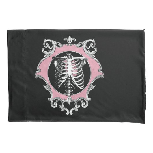 ゴシック様式の愛 |ピンクと黒のスケルトンハートフローラ 枕カバー (正面)