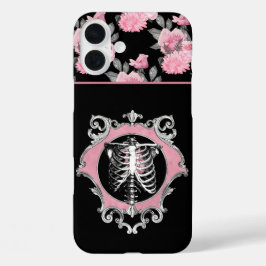 ゴシック様式の愛 |ピンクと黒のスケルトンハートフローラ iPhone 16 PLUSケース