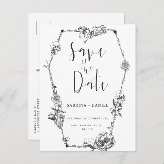 ゴシック様式の手描き花スカル保存日 ポストカード (正面/裏面)