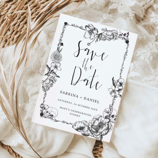 ゴシック様式の手描き花スカル保存日 招待状