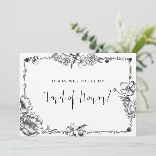 ゴシック様式の手描き花スカル花嫁カード 招待状 (スタンド正面)