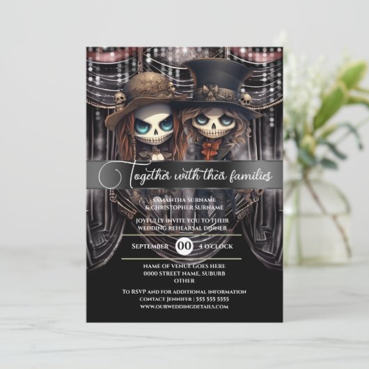ゴシック様式の新郎新婦スケルトンのカップルのゾンビ妖怪 招待状 (スタンド正面)