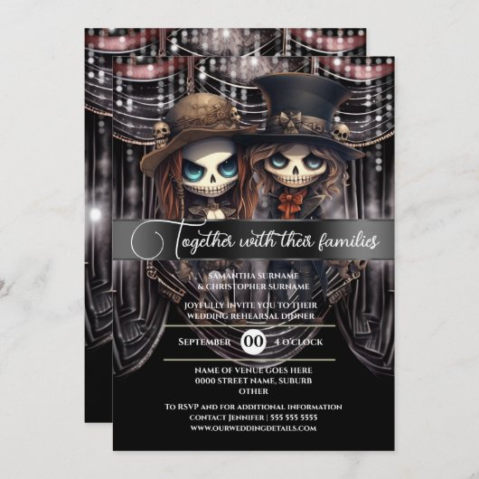 ゴシック様式の新郎新婦スケルトンのカップルのゾンビ妖怪 招待状 (正面/裏面)