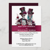 ゴシック様式の新郎新婦スケルトンのブルゴーニュバラ結婚ズ 招待状 (正面/裏面)