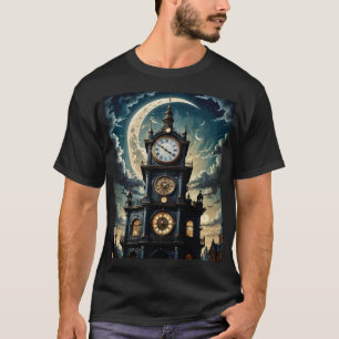 ゴシック様式の月明かりの時計塔アートティー Tシャツ