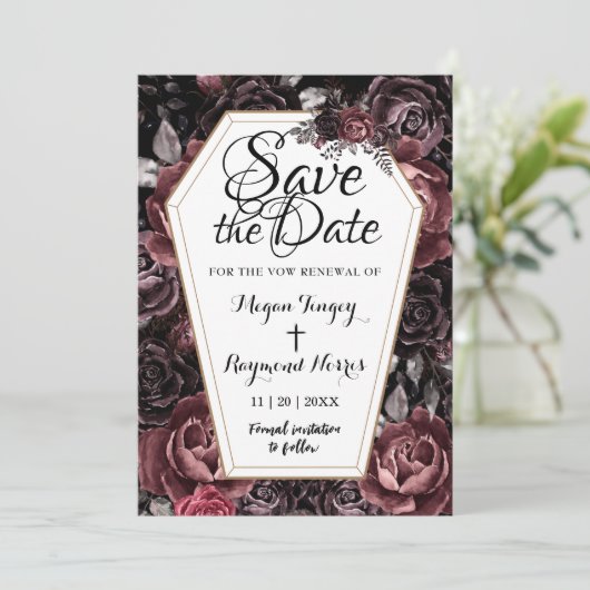 ゴシック様式の棺ヴィンテージ誓の更新日付を保存 招待状 (スタンド正面)