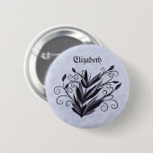 ゴシック様式の植物アート – 黒と紫のフローラ名 缶バッジ (正面&裏面)