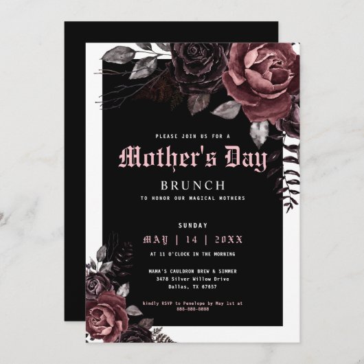 ゴシック様式の母の日ブランチパーティーバーガンディ花 招待状 (正面/裏面)
