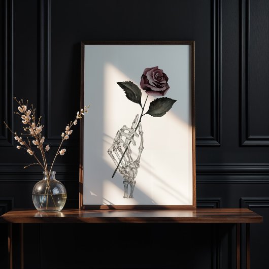 ゴシック様式の水彩骨格の手の保持バラ ポスター