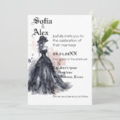 ゴシック様式の水色フローラ結婚ブラック 招待状 (スタンド正面)