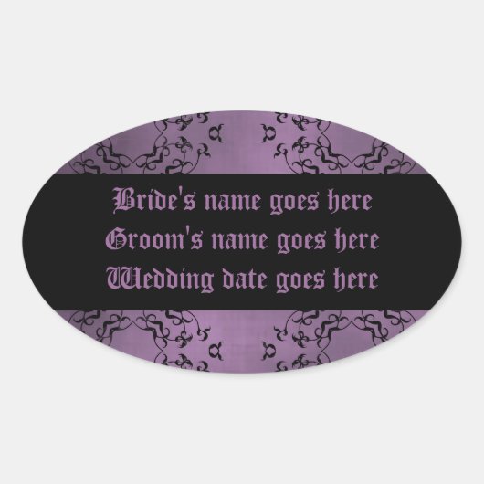ゴシック様式の汚れた紫のダマスクの結婚式のラベル 楕円形シール (正面)