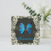 ゴシック様式の渦巻き青い蝶のスチームパンク結婚ズ 招待状 (スタンド正面)