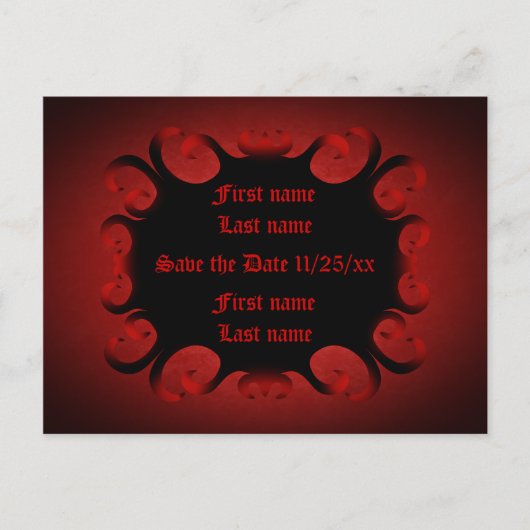 ゴシック様式の濃い赤と黒の渦巻き日付保存 ポストカード (正面)