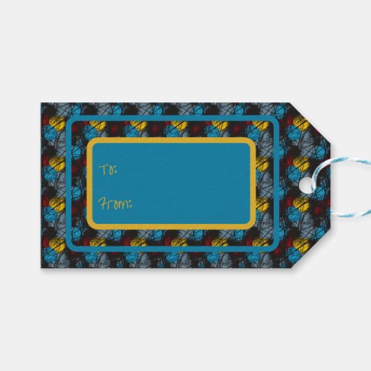 ゴシック様式の濃い青の黒い赤い黄色 ギフトタグ (正面(横))