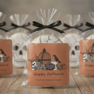 ゴシック様式の焦茶色のドクロとバラのハロウィン スクエアシール