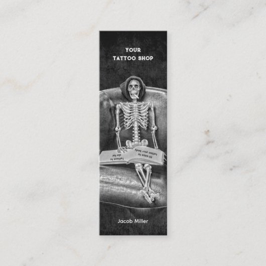 ゴシック様式の白黒のスケルトン入れ墨ショップ スキニー名刺 (正面)