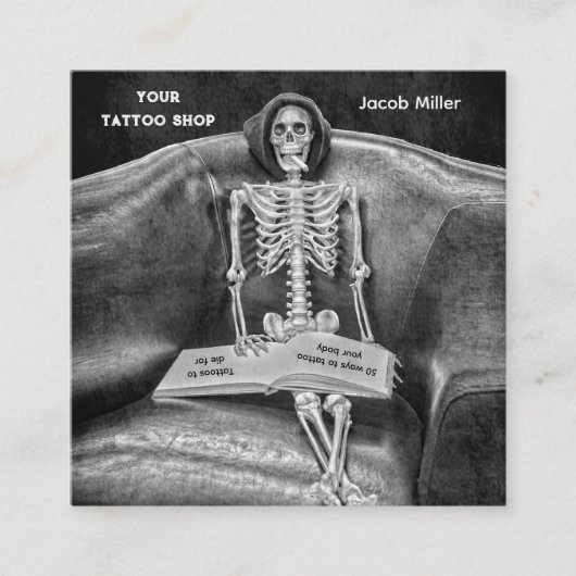 ゴシック様式の白黒のスケルトン入れ墨ショップ スクエア名刺 (正面)