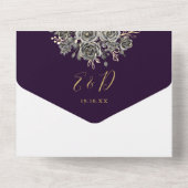 ゴシック様式の紫色と金ゴールドバラのフローラ結婚の オールインワン招待状 (裏面)